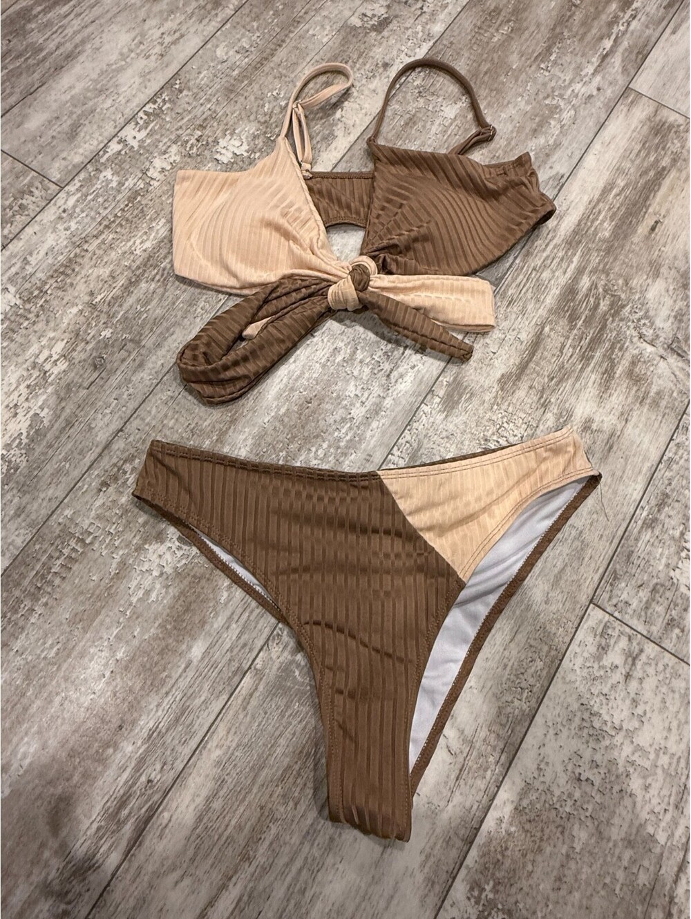 Women's Brown Tan Colorblock Ribbed Bikini Set L
